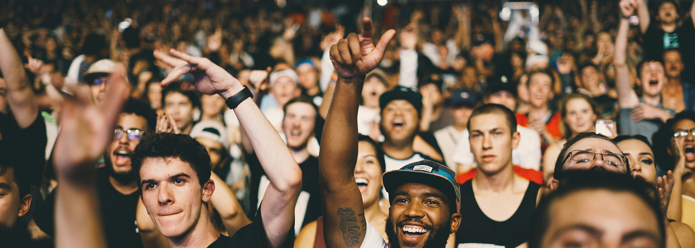 Crowd at concert with raised hands and excitement