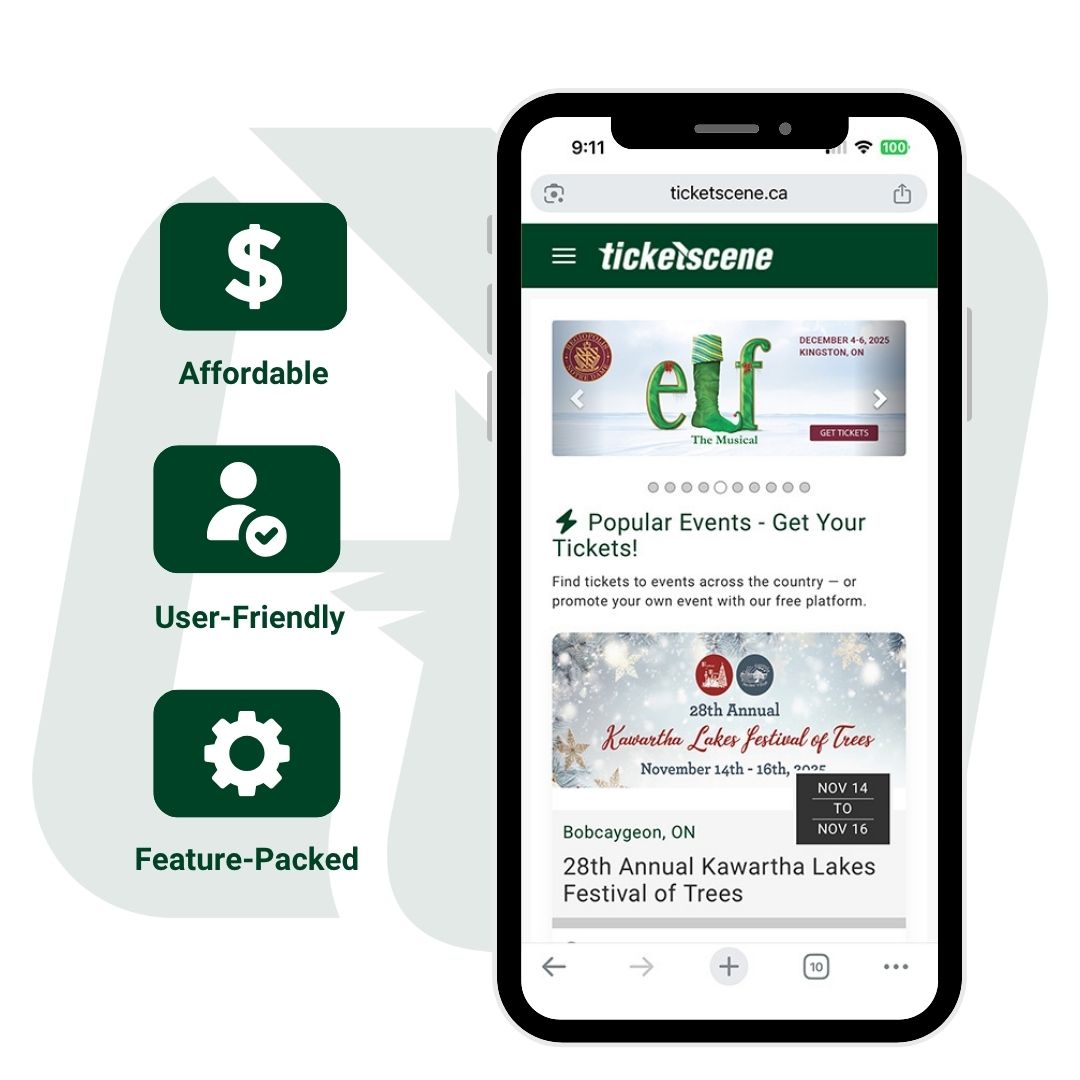 Ticketscene dashboard on smartphone device on the right, text and icons reading - affordable, user-friendly, feature-packed